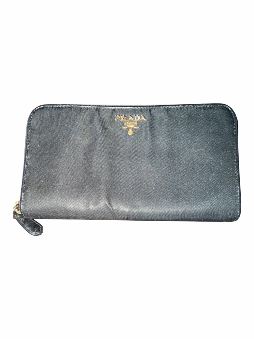 ⁠PRADA Black Tessuto Nylon & Saffiano Leather Zip Around Wallet Metal Logo